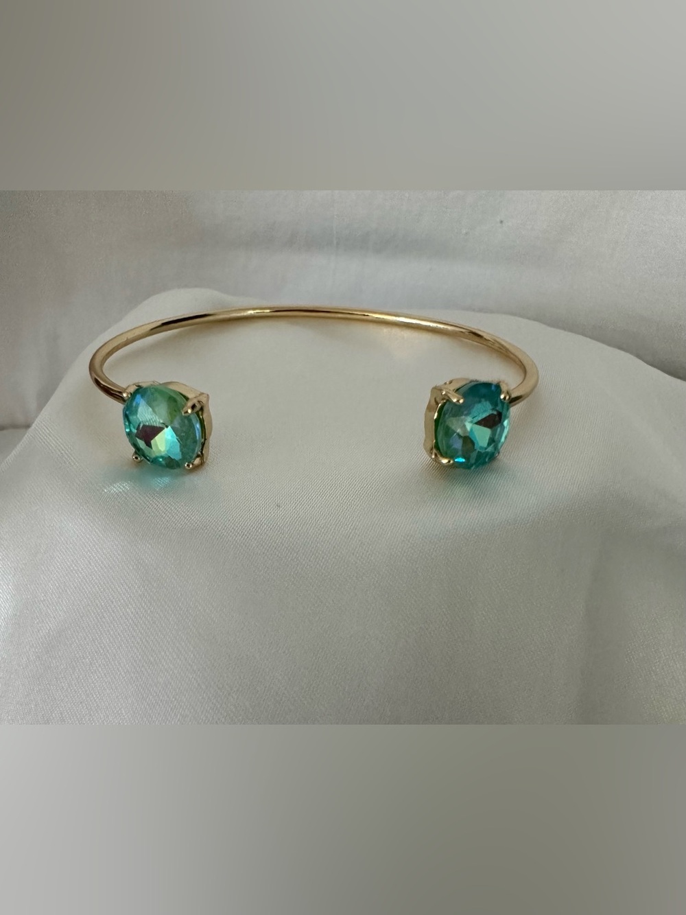 Gold Open Cuff Bracelet with Teal Crystal Ends